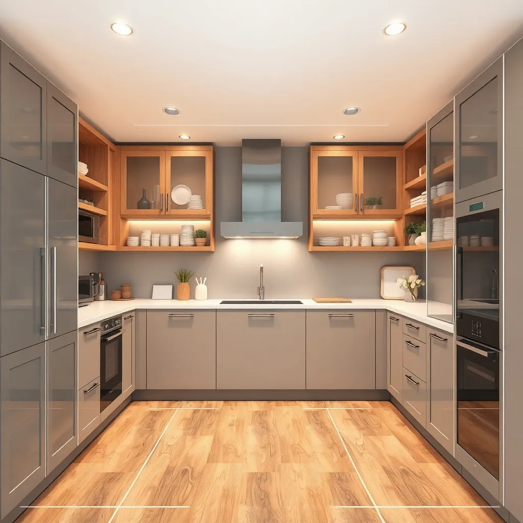 A schematic view of a modern kitchen with clear pathways and