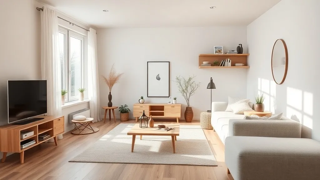 A minimalist, organized living room with wooden accents and
