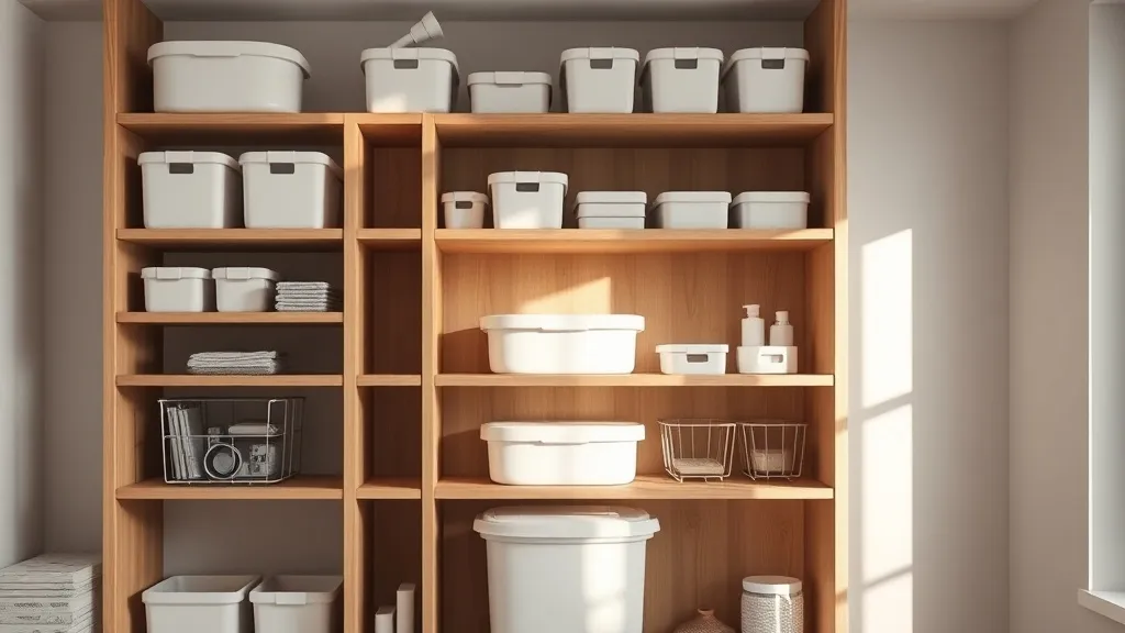 Minimalist organized wooden shelves with clean storage conta