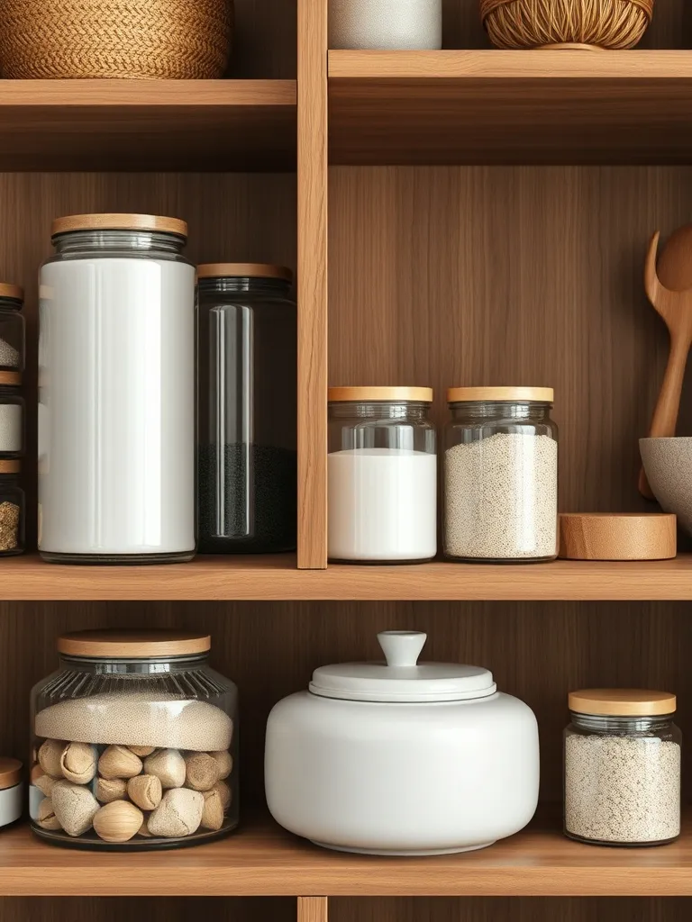 Close up of organized wooden shelves with glass jars and nat