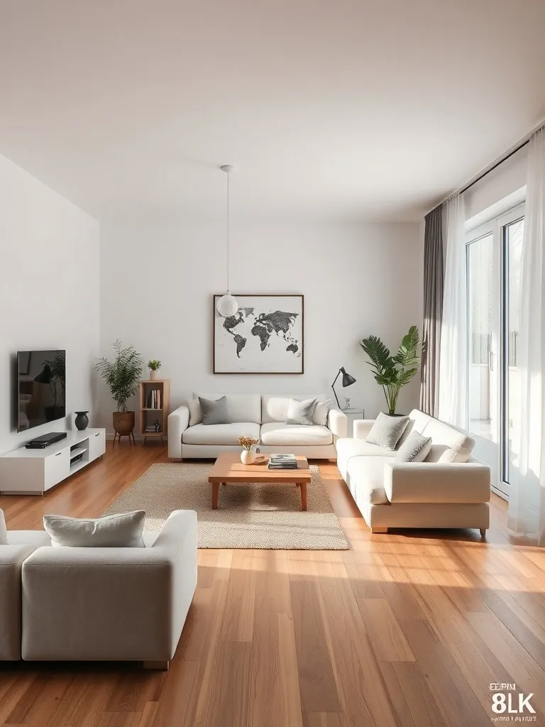 A minimalist modern living room with clear surfaces, wooden